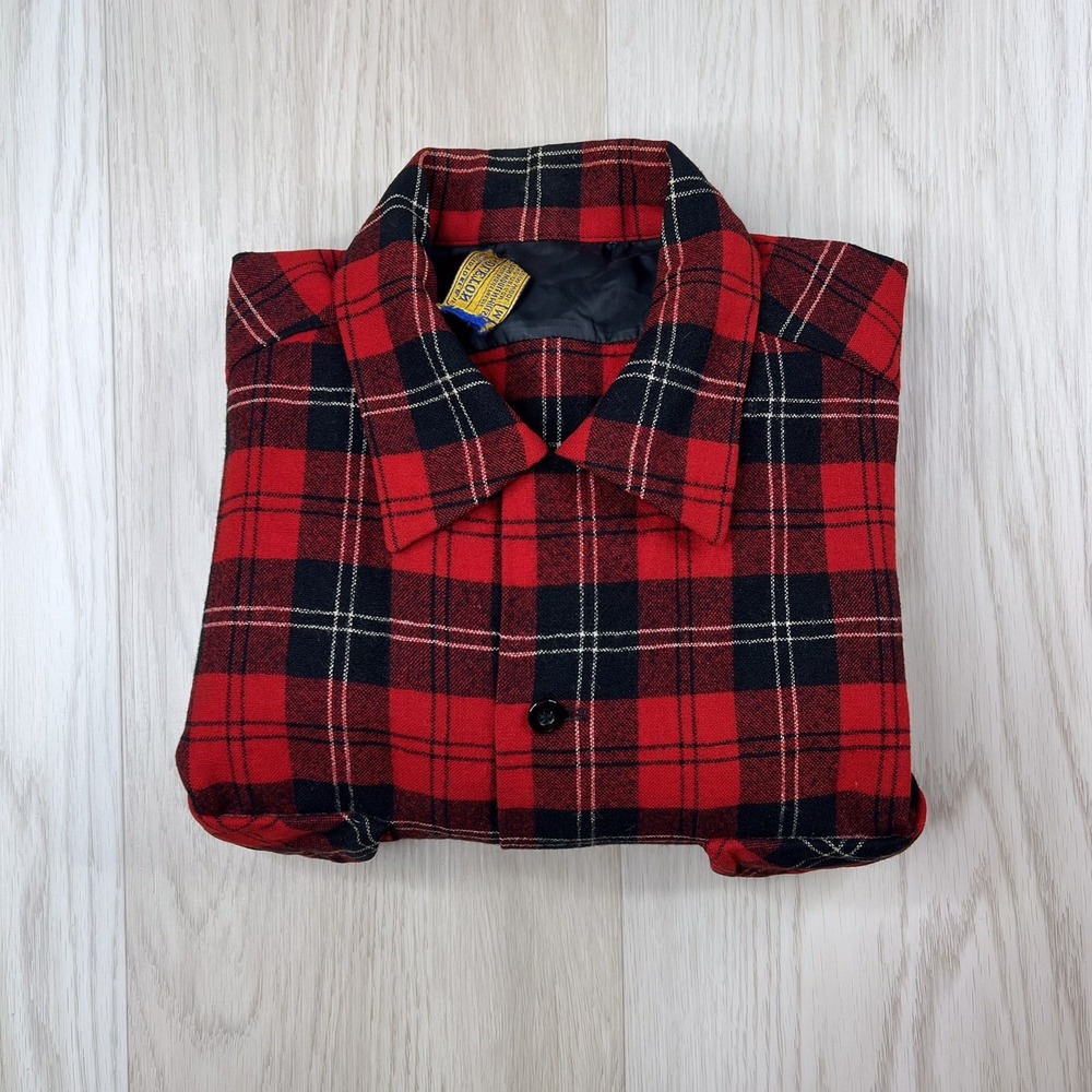 Pendleton Long Sleeve Button Up Wool Flannel Shirt Mens Size Medium Red Plaid - Picture 10 of 10